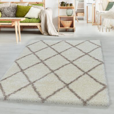 Hochflor Design Teppich Wohnzimmerteppich Muster Raute Flor Weich Farbe Creme