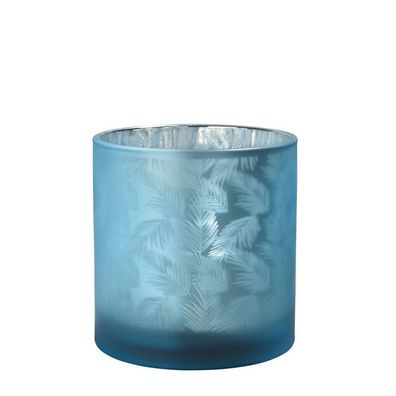 Windlicht Vase aus Glas blau silber mit Blattmuster 15cm