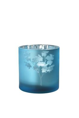Windlicht Vase aus Glas blau silber mit Blumenmuster 15cm