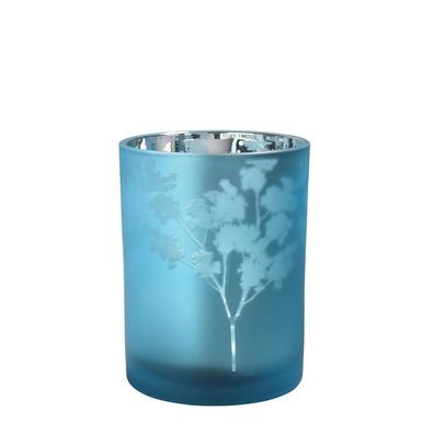 Windlicht Vase aus Glas blau silber mit Blumen 10cm