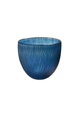Blaue Glasvase 22x20cm mit geschliffenen Muster mundgeblasen handgemacht