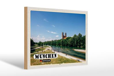 Holzschild Städte München Isar Schloss Fluss 30x20 cm Deko Schild wooden sign