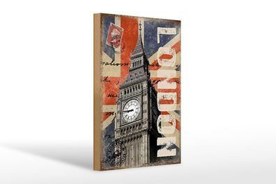 Holzschild London 20x30 cm Big Ben berühmter Uhrturm Deko Schild wooden sign