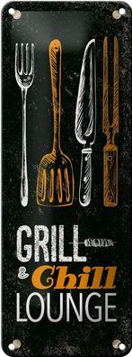 Blechschild Spruch Grill &amp; Chill Lounge Grillen Deko 10x27 cm Schild tin sign