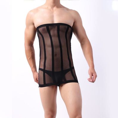 Sexy Herren Transparent Body-Strümpfe Streifen Fetisch Dessous Elastisch Unterwäsche