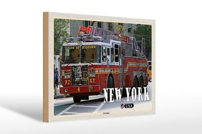 Holzschild Reise 30x20 cm New York USA Fire Engine Feuerwehrauto wooden sign