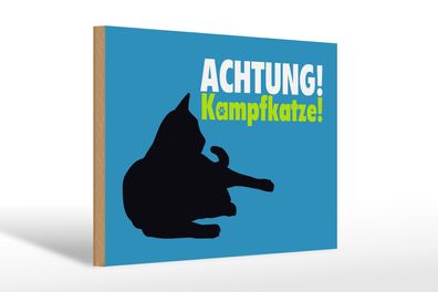 Holzschild Spruch 30x20 cm Achtung Kampfkatze Katze blau Deko Schild wooden sign