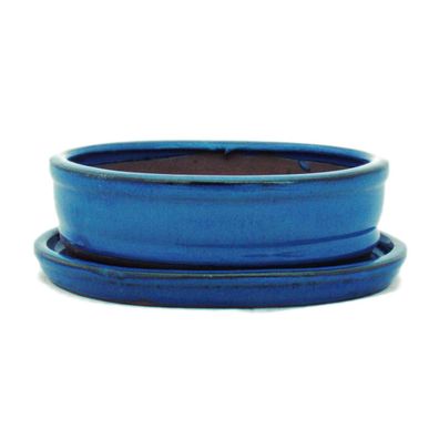 Bonsai-Schale mit Unterteller Gr. 2 - Blau - oval - Modell O7 - L 15,5cm - B 12cm ...