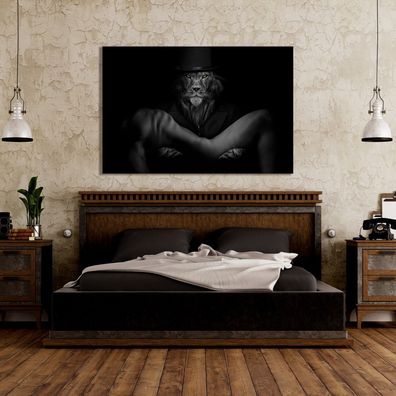 Wandbild Frau und Löwe Leinwand , Tier Poster, schwarz und weiß Malerei, Animal Print