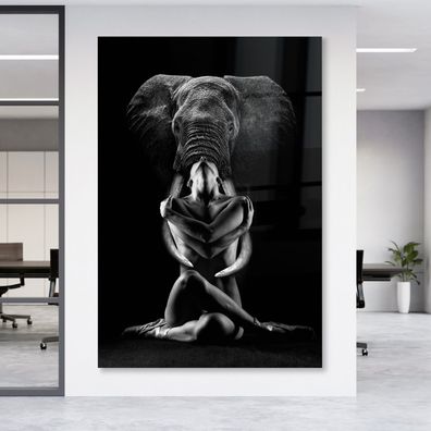 Frau und Elefant Leinwand Wandbild, Tier Poster, schwarz weiß Malerei, Animal Print