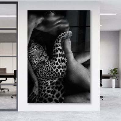 Wandbild Frau und Leopard Leinwand , Tier Poster, schwarz weiß Malerei, Animal Print