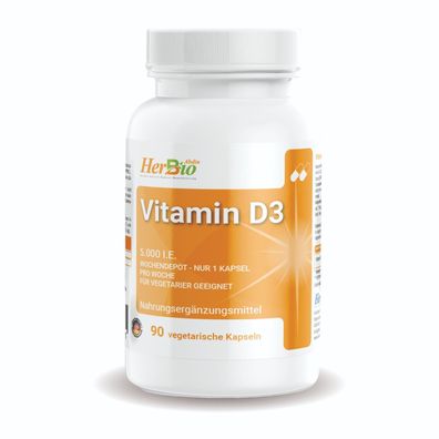 HerbBio Vitamin D3 Kapseln hochdosiert, 90 vegetarische Kapseln reich an 5.000 i.E.