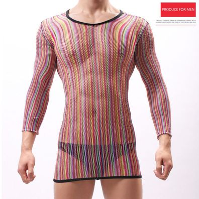 Netz Herren Body-Strümpfe Regenbogen Streifen Top Langarm See Through Shirt Pyjama