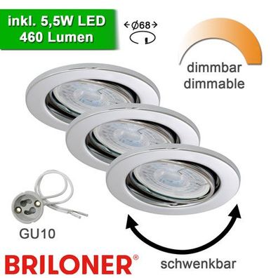 3x Einbauspots 68 mm Chrom GU10 inkl. 5,5W LED dimmbar