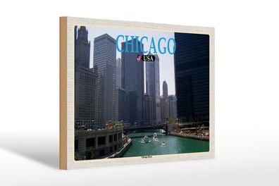Holzschild Reise 30x20cm Chicago USA Chicago River Fluss Hochhäuser wooden sign