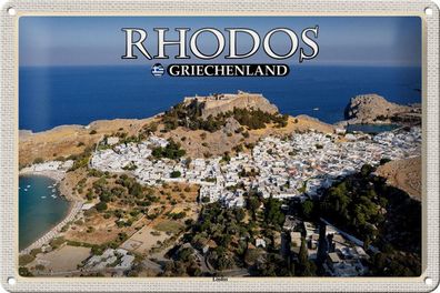 Blechschild Reise 30x20cm Rhodos Griechenland Lindos Stadt Meer Deko tin sign