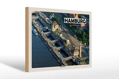 Holzschild Städte Hamburg Blick auf Landungsbrücken 30x20 cm Schild wooden sign