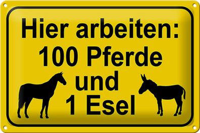 Blechschild Hinweis 30x20 cm arbeiten 100 Pferde und 1 Esel Deko Schild tin sign