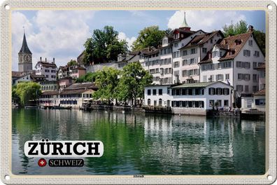 Blechschild Reise Zürich Schweiz Altstadt Fluss 30x20 cm Deko Schild tin sign