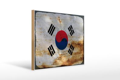 Holzschild Flagge Südkorea 40x30 cm Flag South Korea Rost Schild wooden sign