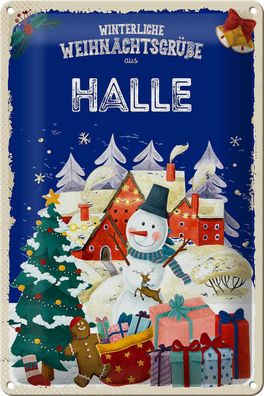 Blechschild Weihnachtsgrüße aus HALLE Geschenk Deko Schild tin sign 20x30 cm