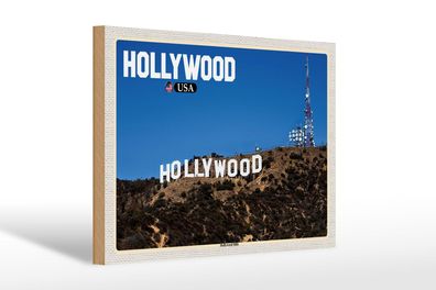 Holzschild Reise 30x20 cm Hollywood USA Hollywood Hills Deko Schild wooden sign