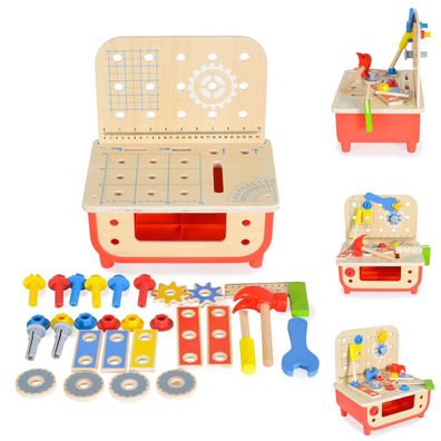 Tooky Toy Kinder Holz Werkbank TF797 Kinderwerkzeug, Hammer, 31 Teile, Schrauben