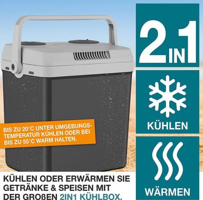 Grau Elektrische Kühlbox 25 Liter mit Kühlen Warmhaltefunktion 2in1