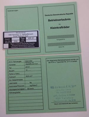 Simson Schwalbe KR51 Datenblatt Betriebserlaubnis ABE und Typenschild