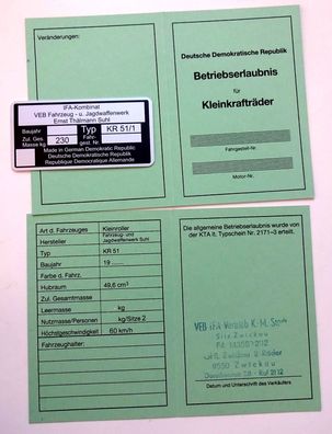 Simson Schwalbe KR51/1 Datenblatt Betriebserlaubnis ABE und Typenschild