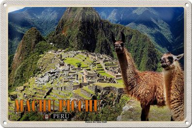 Blechschild Reise 30x20 cm Machu Picchu Ruinen der Inka-Stadt Lamas tin sign