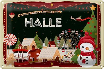 Blechschild Weihnachten Grüße aus HALLE Geschenk Deko Schild tin sign 30x20 cm