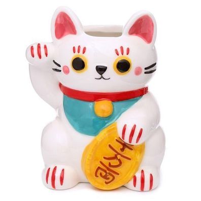 White Maneki Neko Glückskatze Keramik freistehendes Pflanzgefäß/ Pflanztopf für