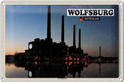 Blechschild Städte Wolfsburg VW-Kraftwerk Fluss 30x20 cm Schild tin sign
