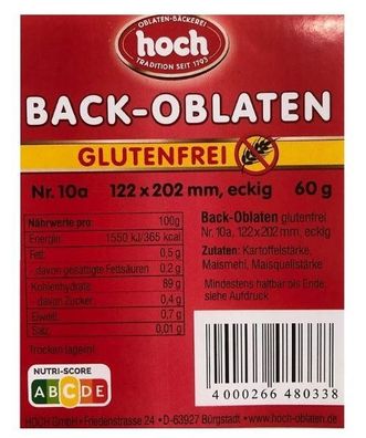 10 Stück Back-Oblaten Glutenfrei eckig