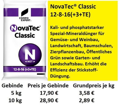 COMPO EXPERT NovaTec® Classic Gartenbau NPK-Dünger 12-8-16( + 3 + TE) 5kg oder 10kg