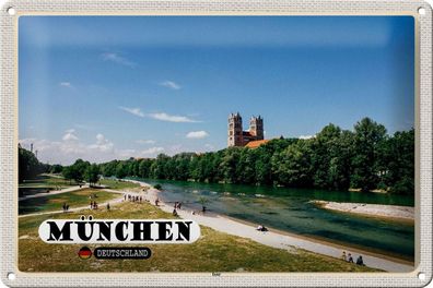 Blechschild Städte München Isar Schloss Fluss 30x20 cm Deko Schild tin sign