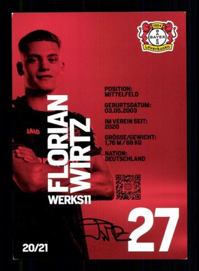 Florian Wirtz Autogrammkarte Bayer Leverkusen 2020-21 Original Signiert + 3