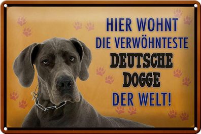 Blechschild Spruch 30x20 cm Hund hier wohnt Deutsche Dogge Deko Schild tin sign
