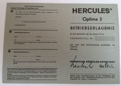 Datenblatt Betriebserlaubnis Hercules Optima 3 Papiere Moped Mofa