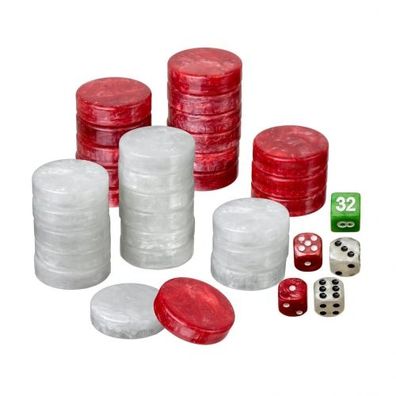 Spielsteine - Backgammon - groß - 34 x 10 mm - Kunststoff - rot weiß - inkl. Würfe