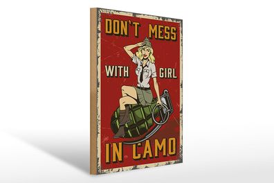 Holzschild Pinup 30x40 cm Don`t mess with Girl in camo Deko Schild wooden sign