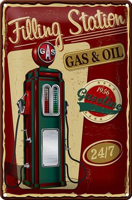 Blechschild Gasoline filling 20x30cm station gas 24/7 Retro Deko Schild tin sign