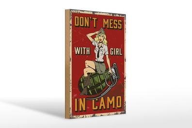 Holzschild Pinup 20x30 cm Don`t mess with Girl in camo Deko Schild wooden sign
