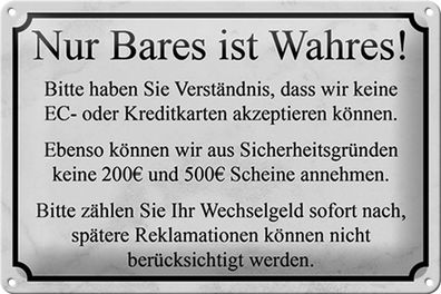 Blechschild kein Kreditkarten 30x20 cm Nur Bares ist Wahres Deko Schild tin sign