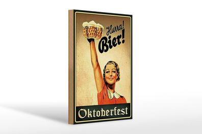 Holzschild Spruch 20x30 cm Oktoberfest Hurra Frau mit Bier Deko Schild wooden sign
