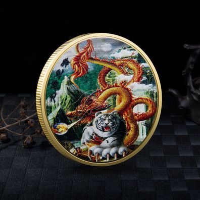 Medaille Glücksbringer Drachen mit Tiger vergoldet (Med511)