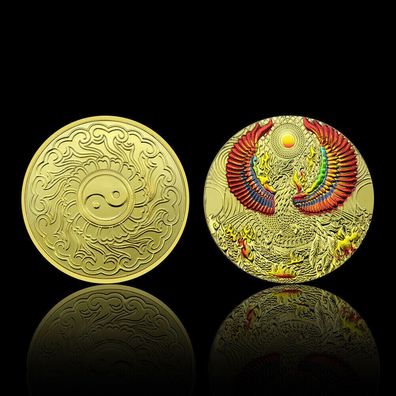 Medaille Glücksbringer Goldener Phönix Yin und Yang Rückseite vergoldet (Med514)