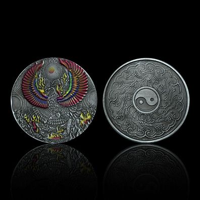 Medaille Glücksbringer Goldener Phönix Yin und Yang Rückseite (Med519)