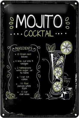Blechschild Rezept Mojito Cocktail Recipe 20x30 cm Geschenk Schild tin sign
